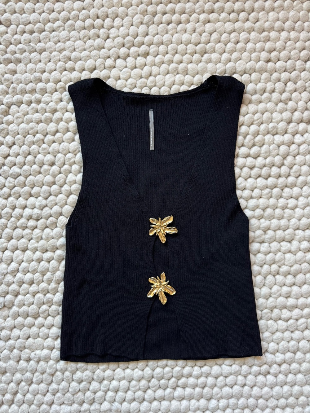 Anthropologie Black Ribbed V-Neck Tank with Gold Metal Flower Buttons